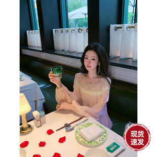 宽松A字网纱烫钻亮片珠管长袖 秋冬新款 连衣裙 莹莹珠光 Sun雅乔