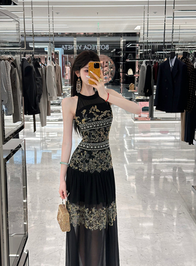 Sun雅乔【折腰】夏季轻奢重工定位钉珠刺绣无袖吊带雪纺连衣裙