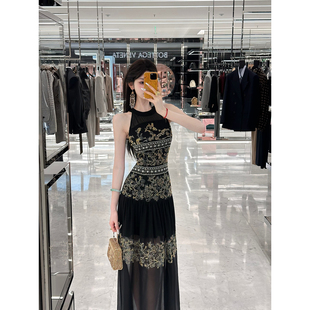 Sun雅乔【折腰】夏季轻奢重工定位钉珠刺绣无袖吊带雪纺连衣裙