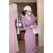 水晶 春冬新款 镶钻毛衣裙 Sun雅乔 V领长袖 针织连衣裙长裙