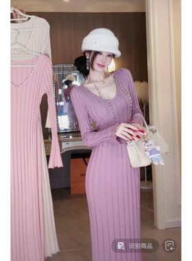 Sun雅乔【水晶】春冬新款镶钻毛衣裙 V领长袖针织连衣裙长裙