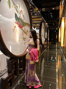 Sun雅乔【大红大紫】春装新款新中式国风印花重工抹胸吊带连衣裙