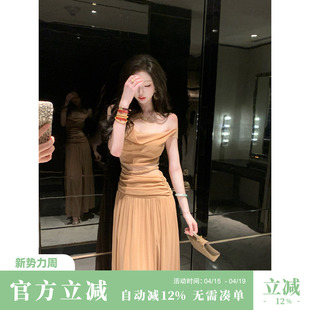 Sun雅乔【灯火阑珊】夏季无袖轻熟风荡领蕾丝花边连衣裙时尚长裙