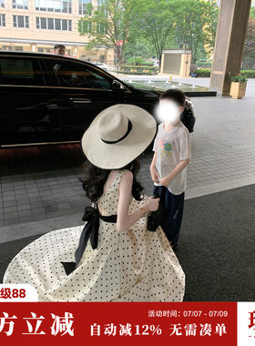 雅乔【可可小姐】法式无袖蝴蝶结后背镂空系带赫本风波点连衣长裙