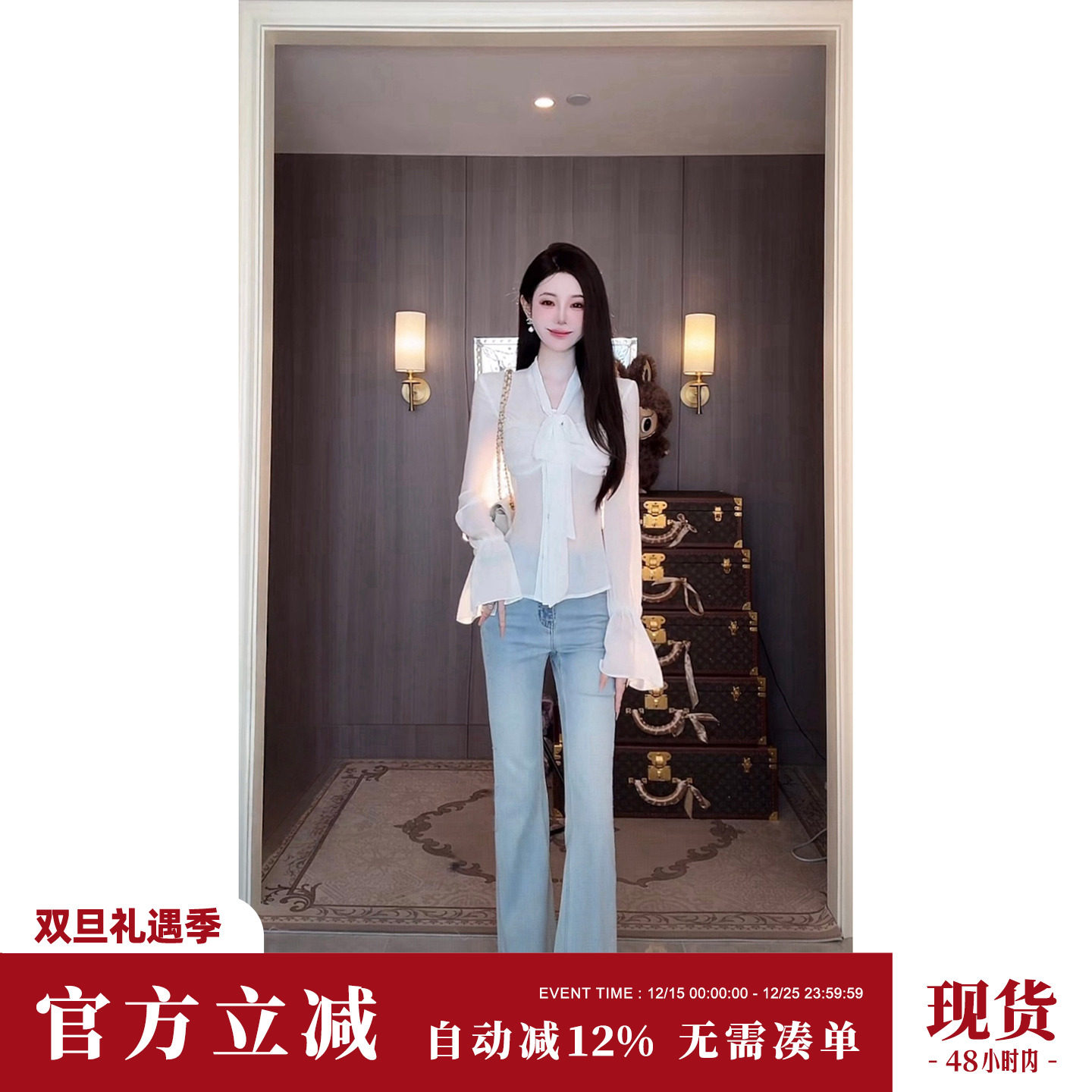 Sun雅乔【早秋coco】早秋新款薄衬衣蝴蝶结珍珠雪纺长袖白衬衫女