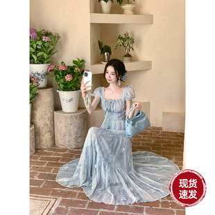 Sun雅乔【椰椰海风】 夏季甜美法式复古方领泡泡短袖晕染连衣裙子