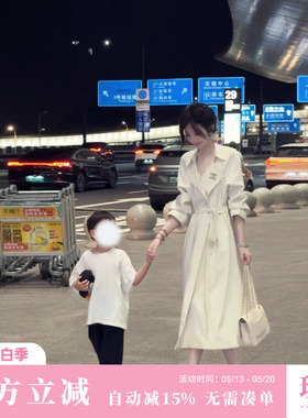 雅乔【匆匆那年】早秋装双排扣宽松长袖时尚中长款白色风衣外套女
