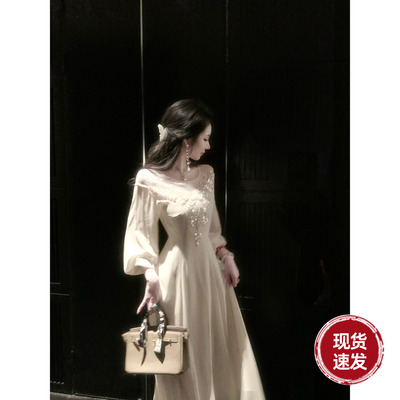 Sun雅乔【月落无声】春装长袖清冷感钉珠亮片网纱拼雪纺连衣长裙