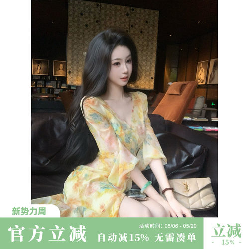Sun雅乔【吉维尼花园】夏季海边度假灯笼袖水彩晕染油画连衣长裙