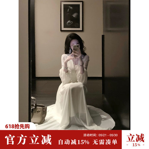 Sun雅乔【人生赢家】夏季九分袖修身蕾丝边珍珠雪纺灯笼袖连衣裙