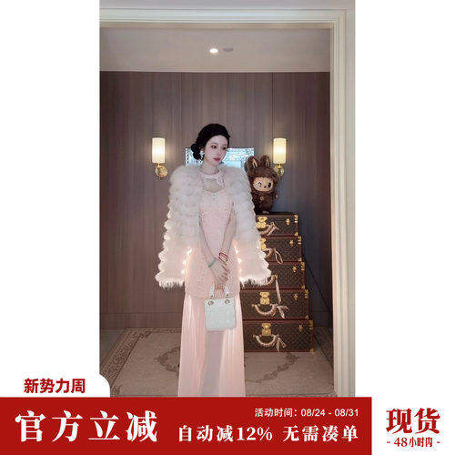 Sun雅乔【粉玫蜜茶】秋冬新款雪纺镂空蕾丝拼接大裙摆无袖连衣裙
