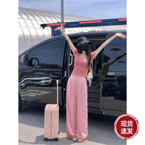 雅乔【春辰一梦】夏季慵懒藏肉直筒蕾丝花边人丝唐纹阔腿长裤女