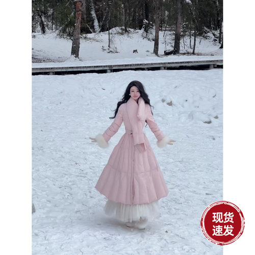 雅乔【公主羽绒服】冬装粉色高充绒约300g收腰A字大摆保暖长外套