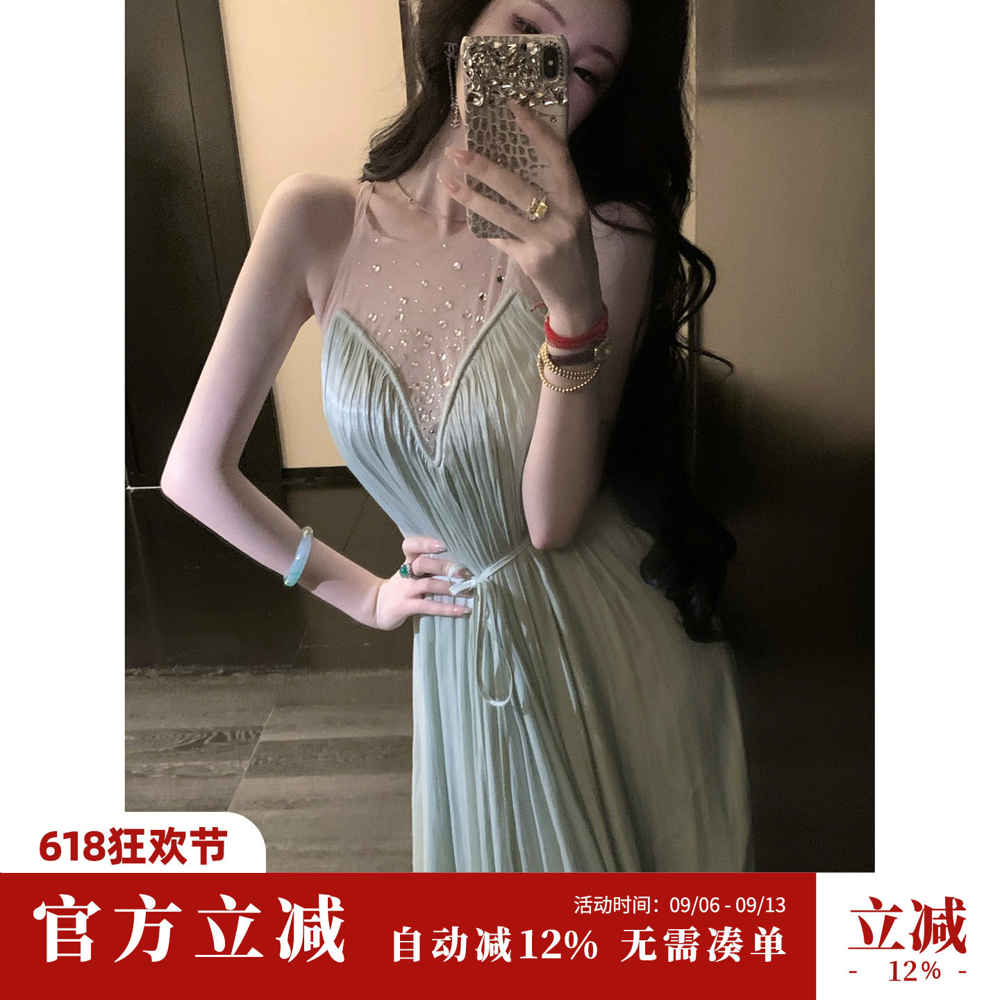 Sun雅乔【情人泪】夏装气质水光皱A字裙烫钻网纱拼接褶皱连衣长裙图片