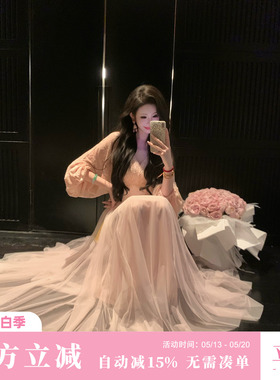 Sun雅乔【来时逢春】春夏长袖高腰宽松烧花植绒网纱大摆连衣长裙