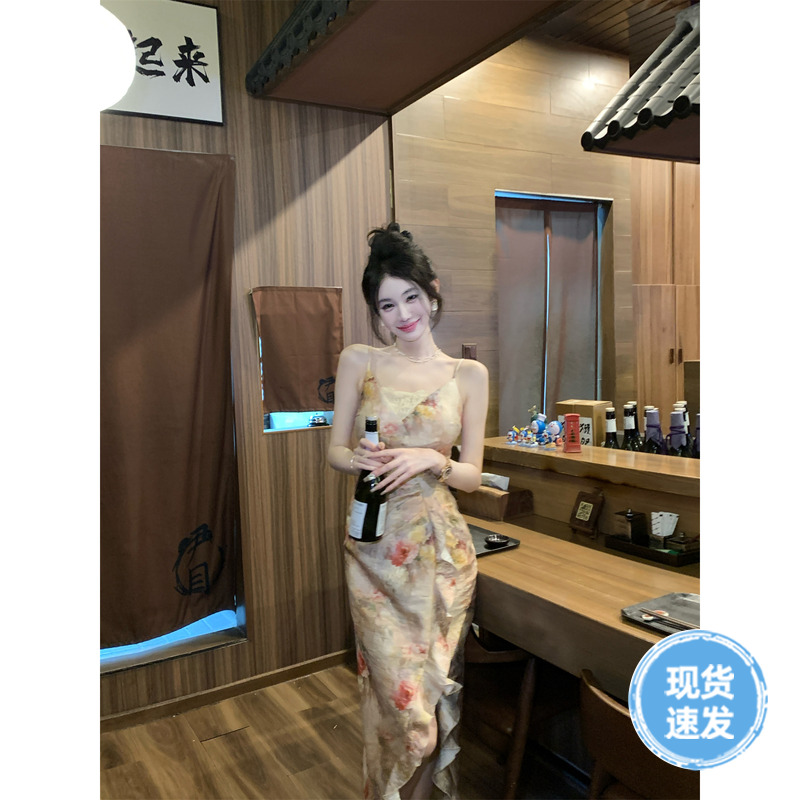 Sun雅乔【花团锦簇】夏季新款连衣裙印花蕾丝长短油画法式吊带裙