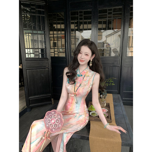 Sun雅乔【渐生丹霞】夏无袖连衣裙钉珠刺绣花片幻彩晕染提花旗袍