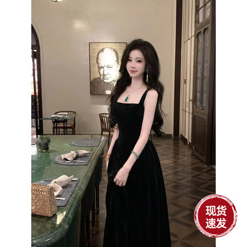 Sun雅乔【黑天鹅】夏季法式气质高级感复古方领黑色丝绒连衣长裙