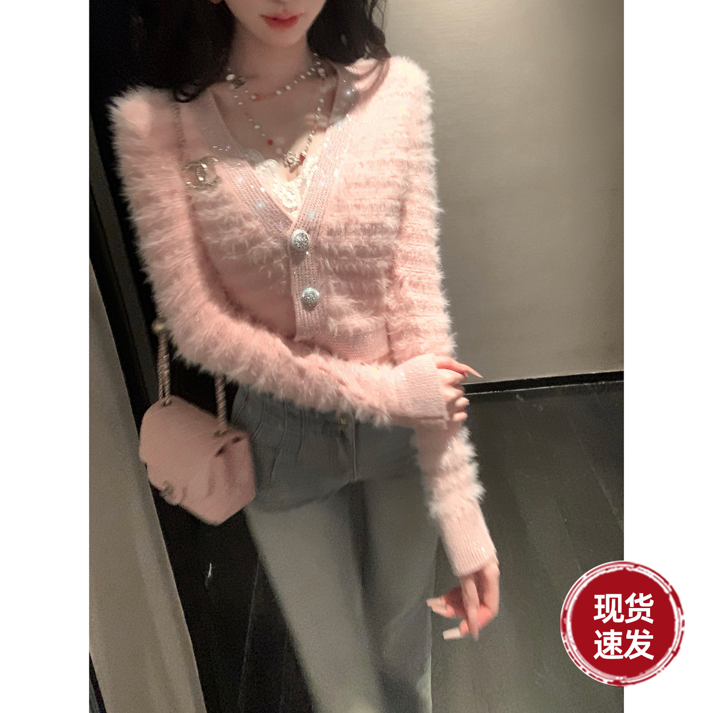 Sun雅乔【限定蔷薇】秋冬长袖小香风亮闪烫钻针织开衫女短款外套