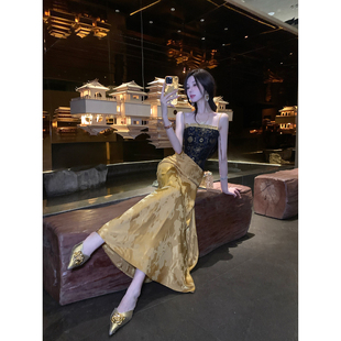 复古新中式 新款 撞色拼接人丝提花焦糖色吊带连衣长裙 秋季 Sun雅乔