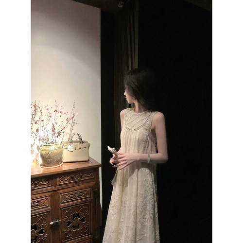 Sun雅乔【清花赋】新款无袖宽松A字裙重工珍珠流光缎背心式连衣裙