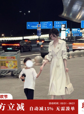 雅乔【匆匆那年】早秋装双排扣宽松长袖时尚中长款白色风衣外套女