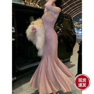 Sun雅乔 高级感重工烫钻吊带鱼尾连衣裙 月见银河