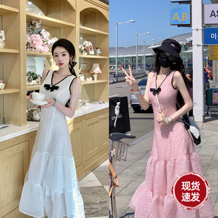 韩系甜美流光泡泡纱V领蝴蝶结连衣长裙子 夏季 Sun雅乔 首尔千金
