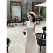 Sun雅乔 浪漫主义 亮丝皱挂脖连衣裙女神大摆长裙