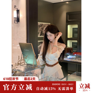 Sun雅乔【摩登时尚】双版本不对称斜肩收腰长袖衬衫连衣裙短裙