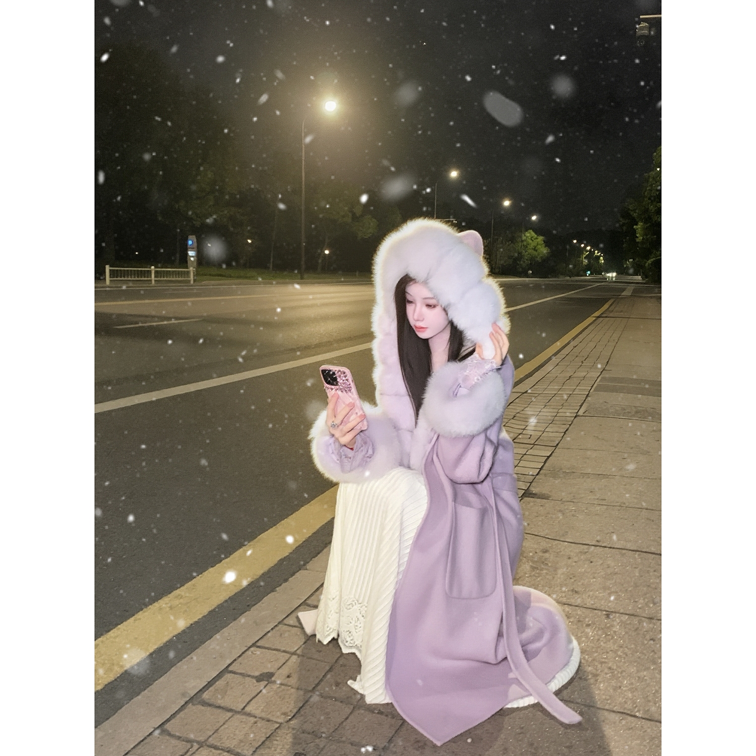 雅乔【依恋】秋冬长袖中长款狐狸毛领连帽双面呢羊毛大衣外套女