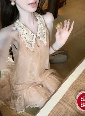 Sun雅乔【爱你】夏季新款减龄娃娃领亮片蕾丝网纱无袖连衣裙短裙