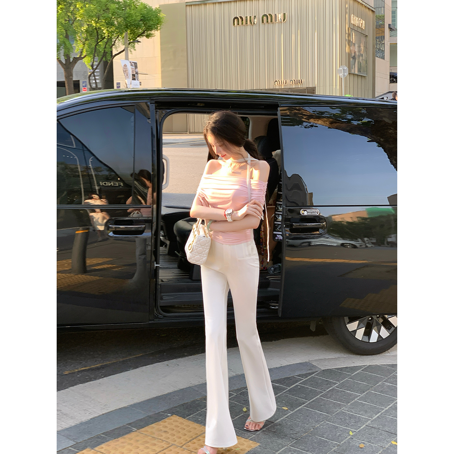 Sun雅乔【微醺】夏季新款薄裤子简约百搭显腿长白色微喇叭长裤女