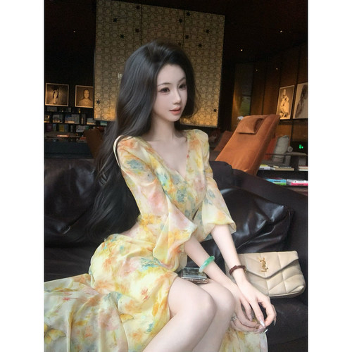 Sun雅乔【吉维尼花园】夏季海边度假灯笼袖水彩晕染油画连衣长裙