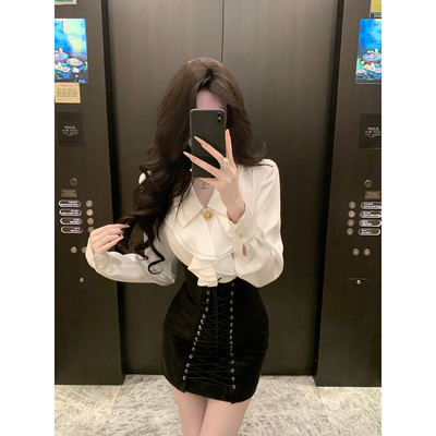 Sun雅乔【温莎贵族】秋新款长袖衬衣法式木耳边克拉巴特白色衬衫