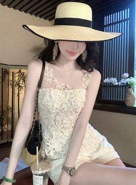 Sun雅乔【月见花影】夏季韩系甜美重工法式小众盘花绣网纱T上衣女