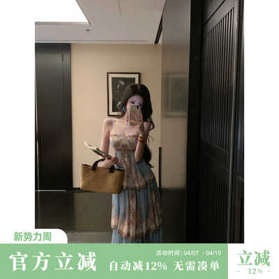 Sun雅乔【黄金海岸】夏季异域欧式度假印花大摆蛋糕裙吊带连衣裙