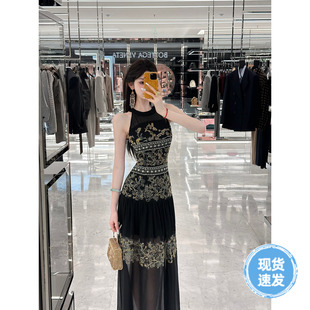 輕奢重工定位釘珠刺繡無袖 Sun雅喬 折腰 夏季 吊帶雪紡連衣裙