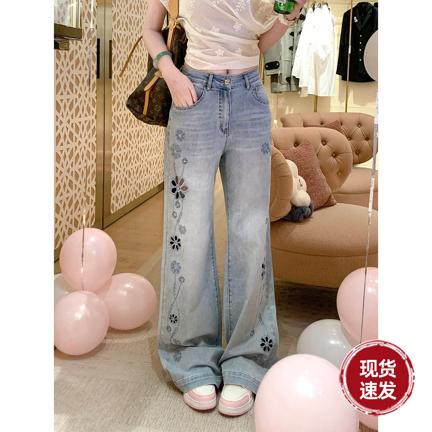 雅乔【私服王炸牛仔裤】夏季百搭时尚休闲镂空刺绣烫钻直筒长裤女图片