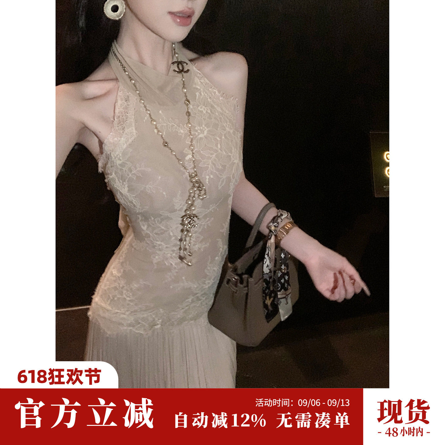 Sun雅乔【以水为名】夏季御姐气质露背无袖立领蕾丝百褶礼服长裙图片