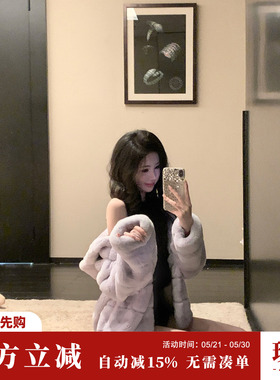 Sun雅乔【香芋兔】冬装少女感减龄加厚连帽宽松紫色兔毛外套女
