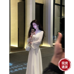 连衣长裙女神裙 重工A字白月光珍珠雪纺长袖 Sun雅乔2025秋装 新款