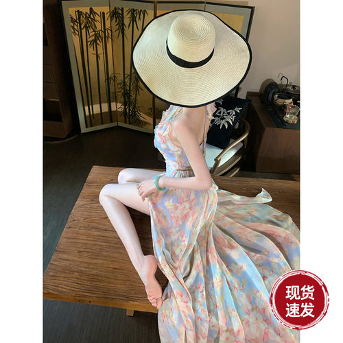 Sun雅乔【游园会】度假风沙滩露背V领侧开衩打揽挂脖连衣裙花裙子