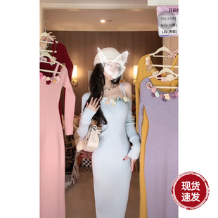 针织连衣裙 斜肩花朵长袖 Sun雅乔 繁花朵朵