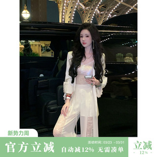 套装 Sun雅乔 外套蕾丝拼接阔腿裤 宽松V领醋酸西装 黄金时代