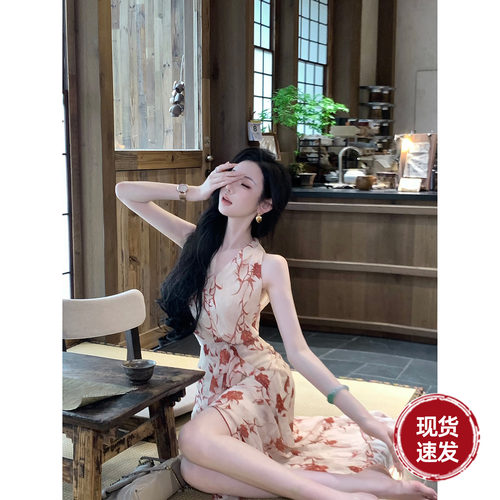 Sun雅乔【垂枝私语】夏季轻熟风V领复古红花肌理雪纺连衣裙花裙子
