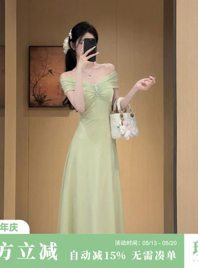 Sun雅乔【绿屿浮光】夏季轻熟风缎面礼服裙绿色吊带长款连衣裙