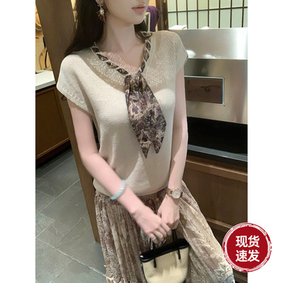 Sun雅乔【梧桐大道】夏季老钱风和纸纱天丝桑蚕丝丝巾针织上衣女