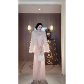 Sun雅乔 连衣裙 雪纺镂空蕾丝拼接大裙摆无袖 粉玫蜜茶 秋冬新款