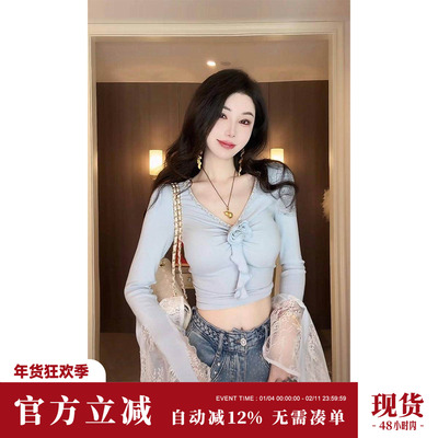 Sun雅乔【小岛微风】夏季新款V领小短款露腰辣妹喇叭袖针织小上衣